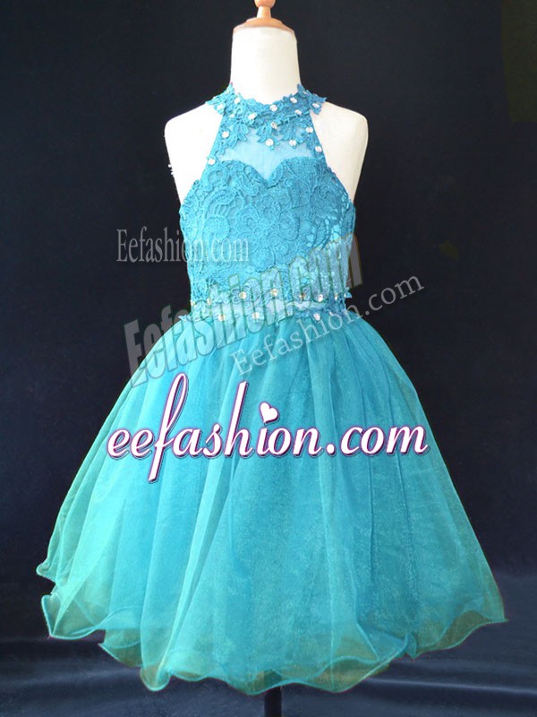 Exquisite Mini Length Lace Up Pageant Dress for Womens Aqua Blue for Wedding Party with Beading and Lace