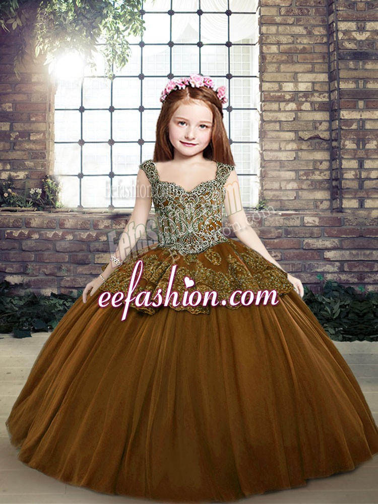  Brown Ball Gowns Beading and Appliques Winning Pageant Gowns Lace Up Tulle Sleeveless Floor Length