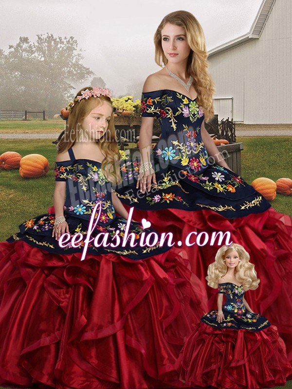  Red And Black Lace Up 15 Quinceanera Dress Embroidery and Ruffles Sleeveless Floor Length
