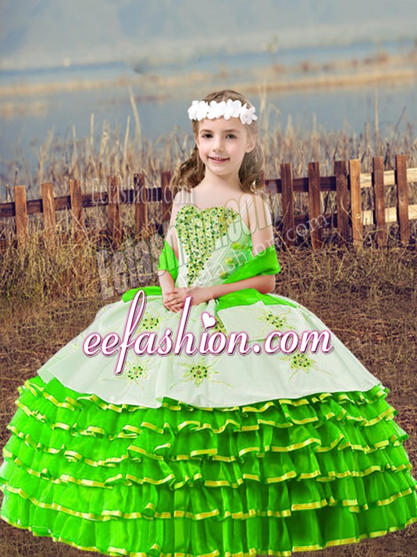  Straps Sleeveless Pageant Dress for Teens Floor Length Beading and Embroidery and Ruffled Layers Organza