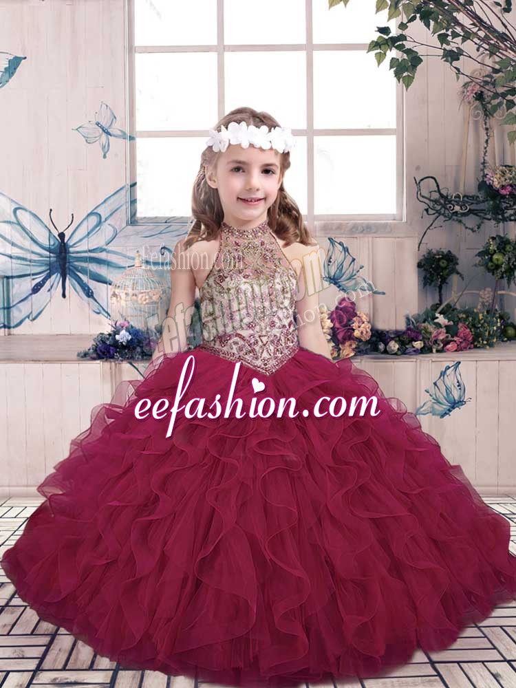  High-neck Sleeveless Pageant Gowns For Girls Floor Length Beading and Ruffles Fuchsia Tulle