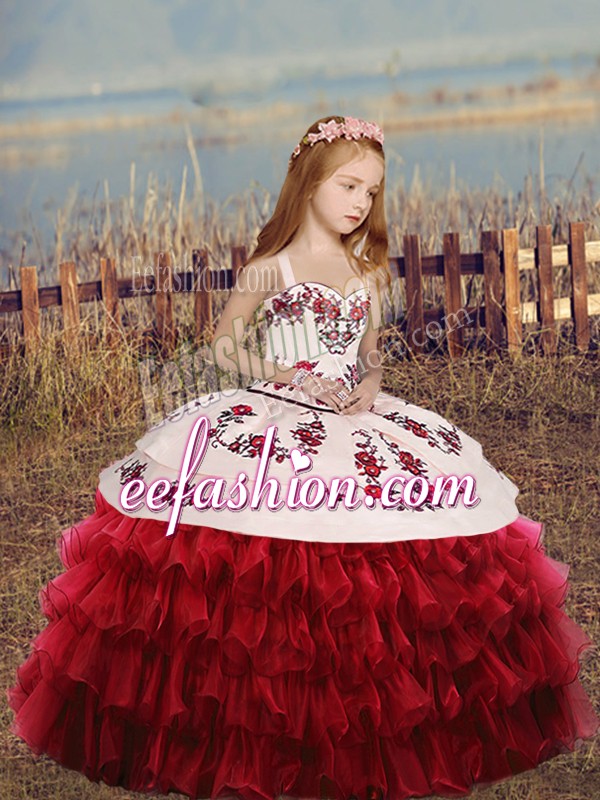  Floor Length Red Child Pageant Dress Organza Long Sleeves Embroidery and Ruffled Layers