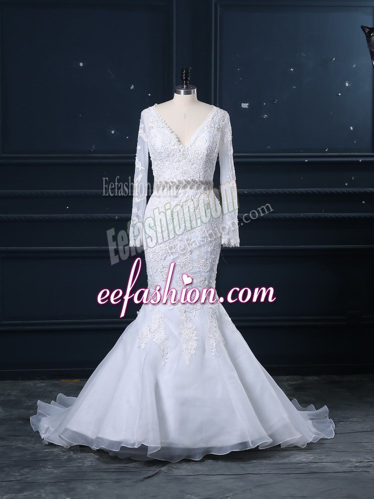 Simple White Mermaid V-neck Long Sleeves Organza Brush Train Backless Beading and Lace Wedding Dresses