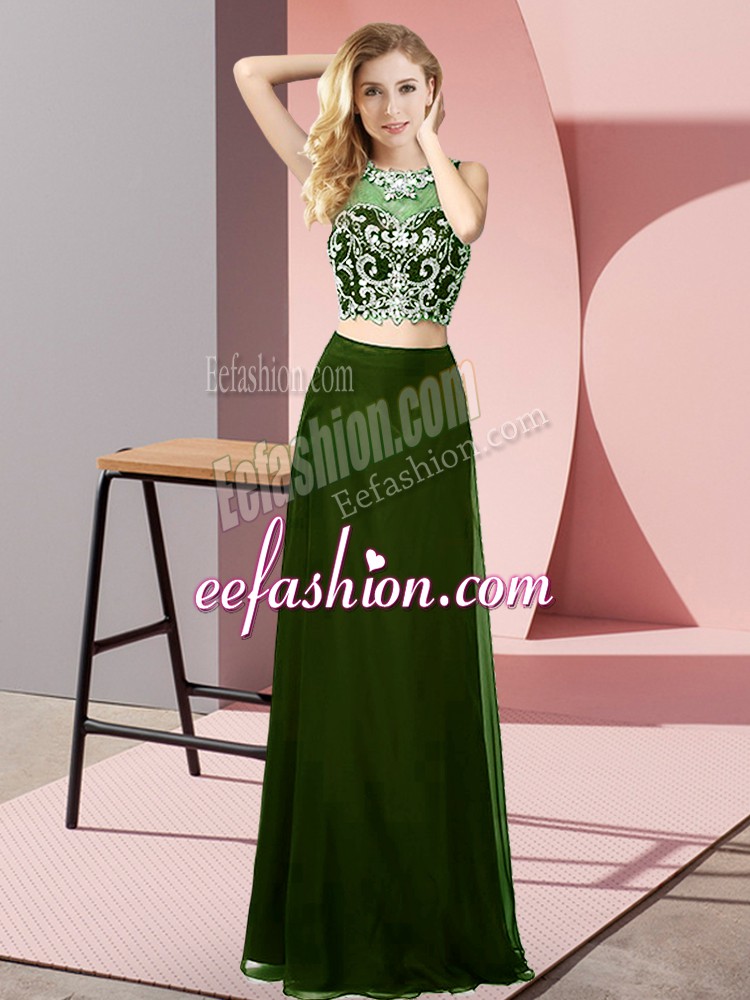  Olive Green Two Pieces Scoop Sleeveless Chiffon Floor Length Backless Beading Prom Gown