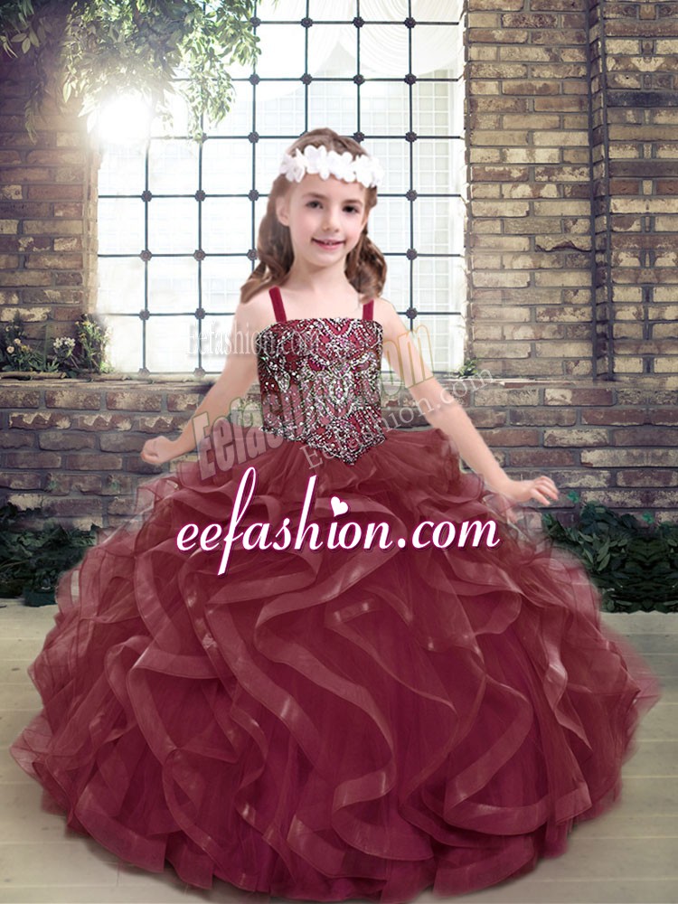  Sleeveless Organza Floor Length Lace Up Little Girl Pageant Dress in Burgundy with Beading and Ruffles
