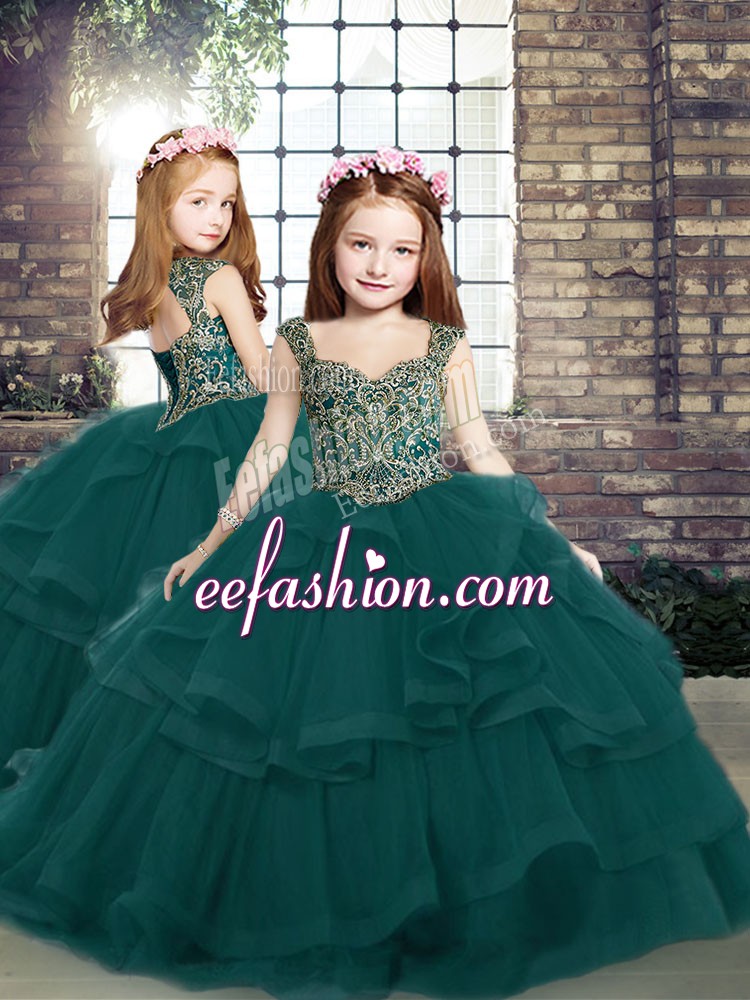 Nice Peacock Green Straps Neckline Beading and Ruffles Kids Formal Wear Sleeveless Lace Up