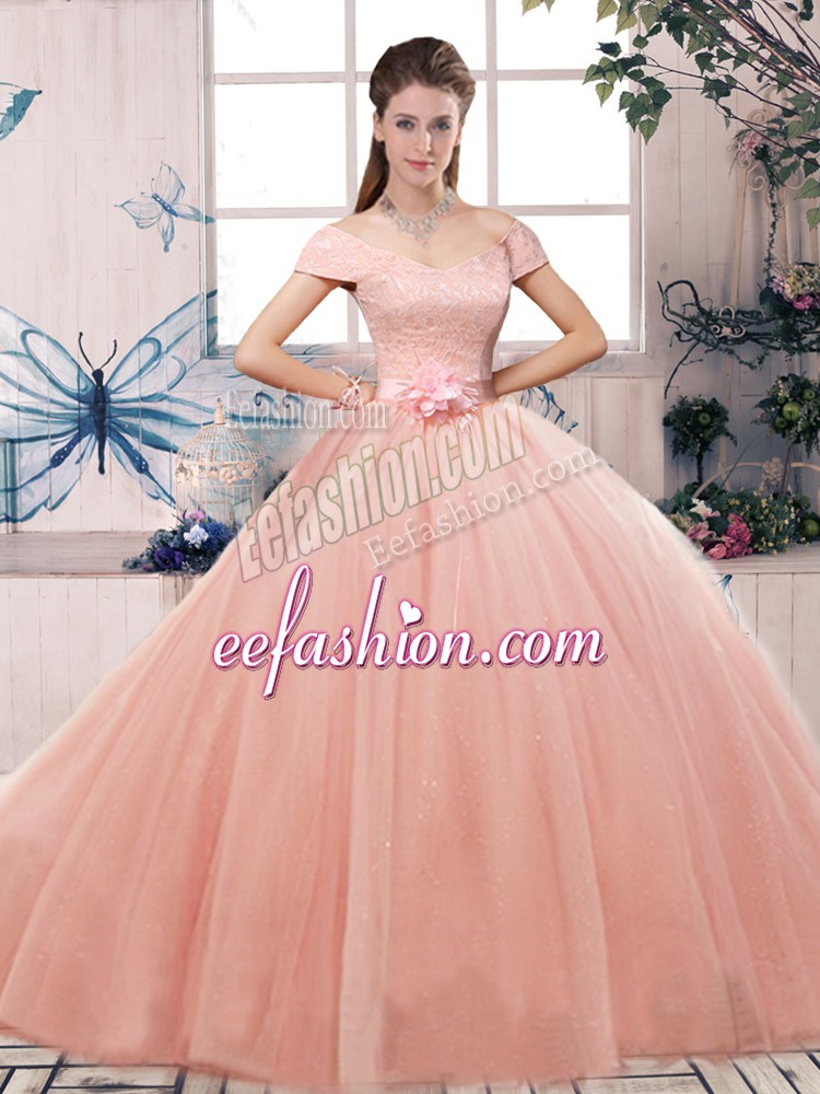  Off The Shoulder Short Sleeves Tulle 15th Birthday Dress Lace and Hand Made Flower Lace Up