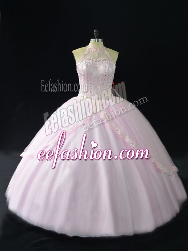  Pink Quinceanera Dresses Sweet 16 and Quinceanera with Beading and Appliques Halter Top Sleeveless