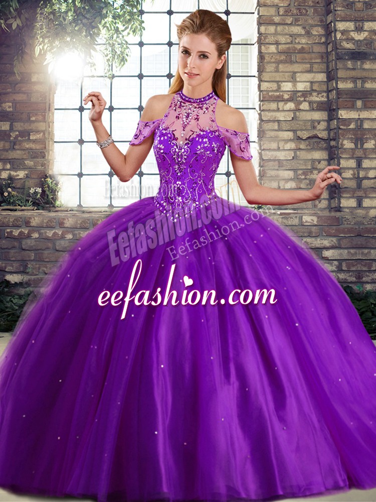 Free and Easy Purple Ball Gowns Beading Quince Ball Gowns Lace Up Tulle Sleeveless