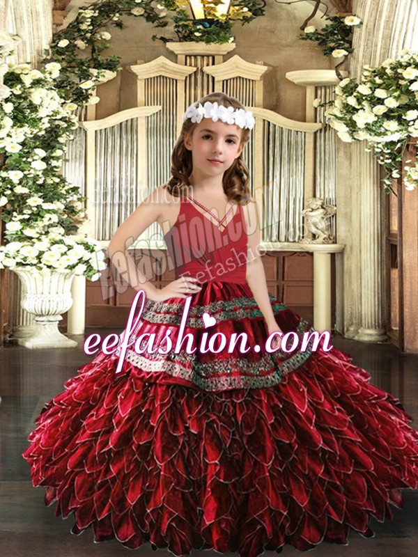 Excellent Floor Length Zipper Little Girl Pageant Gowns Red for Party and Wedding Party with Appliques and Ruffles