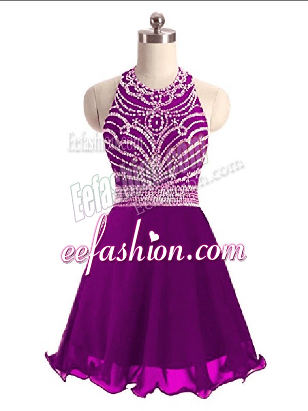  Sleeveless Mini Length Beading Lace Up Prom Evening Gown with Eggplant Purple
