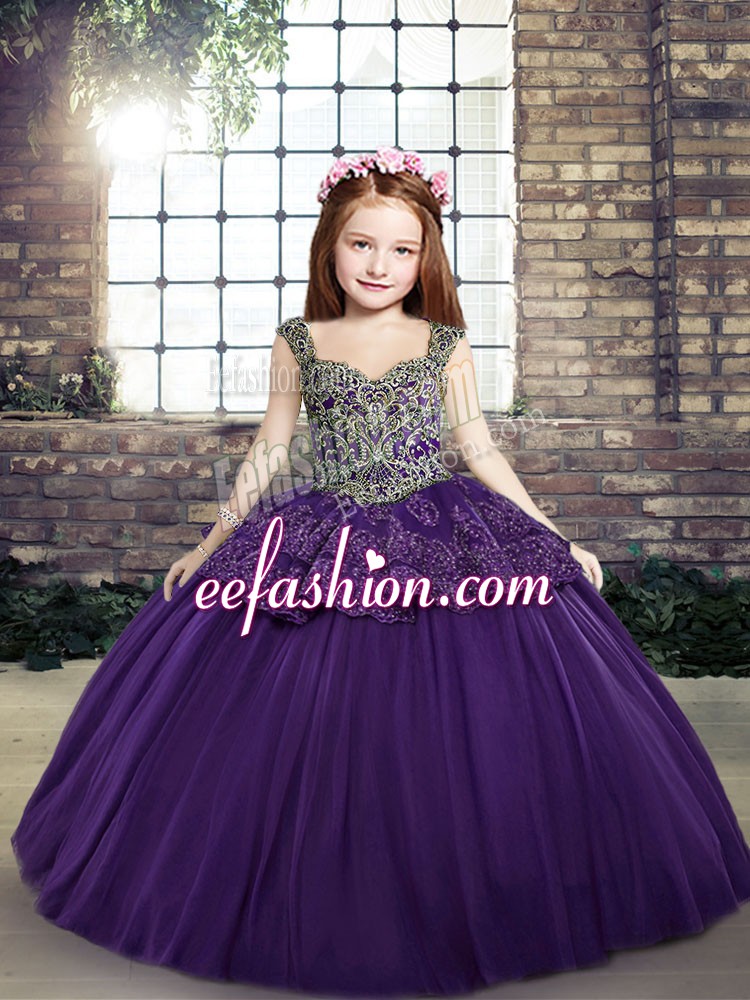  Ball Gowns Custom Made Pageant Dress Purple Straps Tulle Sleeveless Floor Length Lace Up
