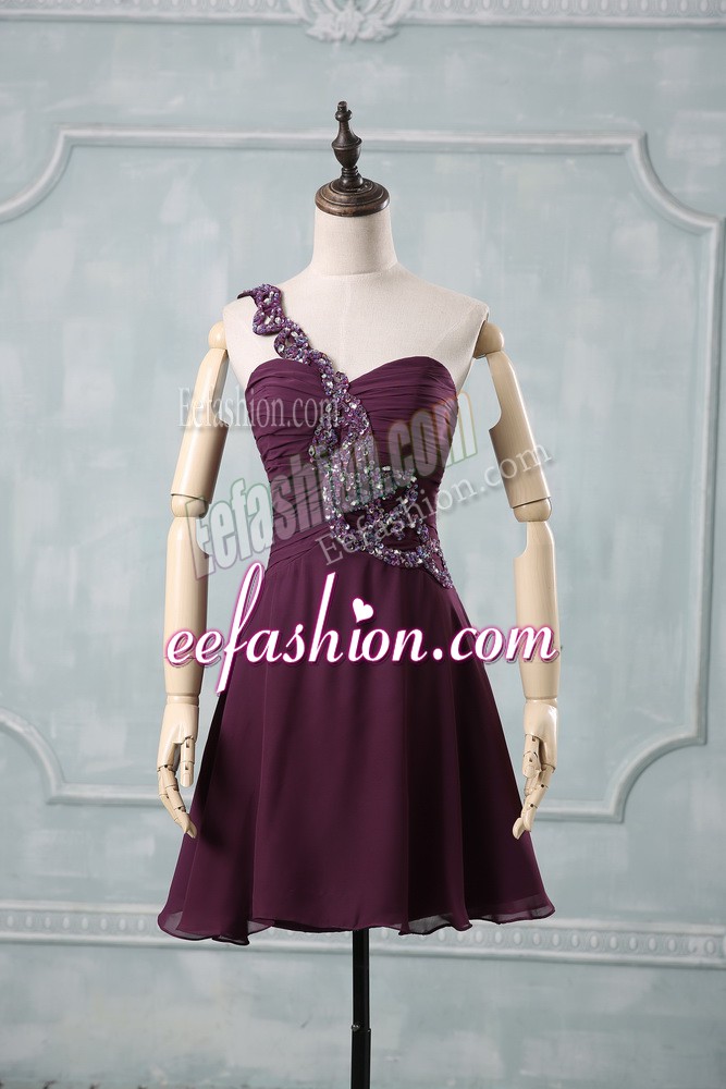  Dark Purple Sleeveless Beading and Ruching Prom Evening Gown