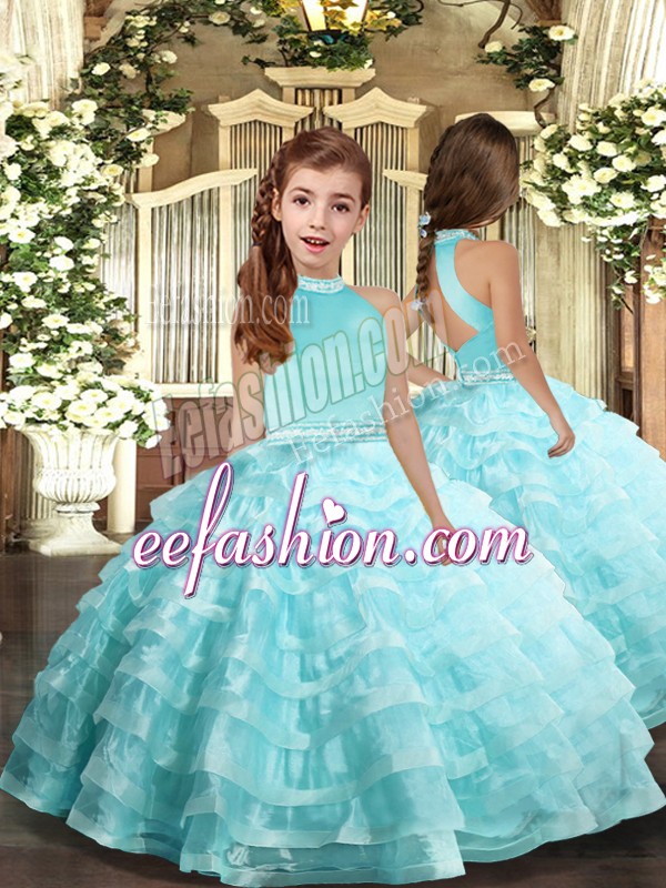  Floor Length Backless Girls Pageant Dresses Aqua Blue for Party and Sweet 16 and Wedding Party with Beading and Ruffled Layers