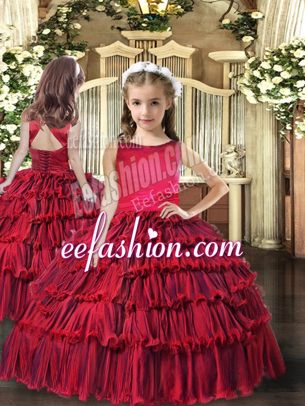  Red Lace Up Little Girls Pageant Dress Sleeveless Floor Length Ruffled Layers