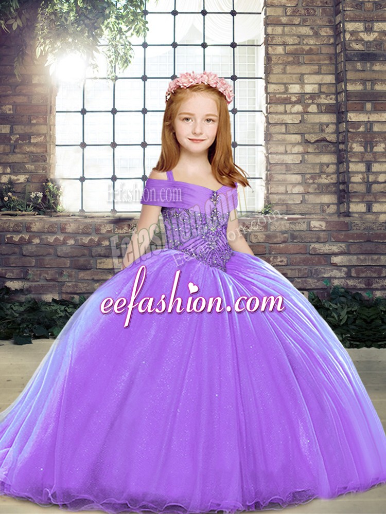  Lavender Ball Gowns Tulle Straps Sleeveless Beading Lace Up Kids Pageant Dress Brush Train