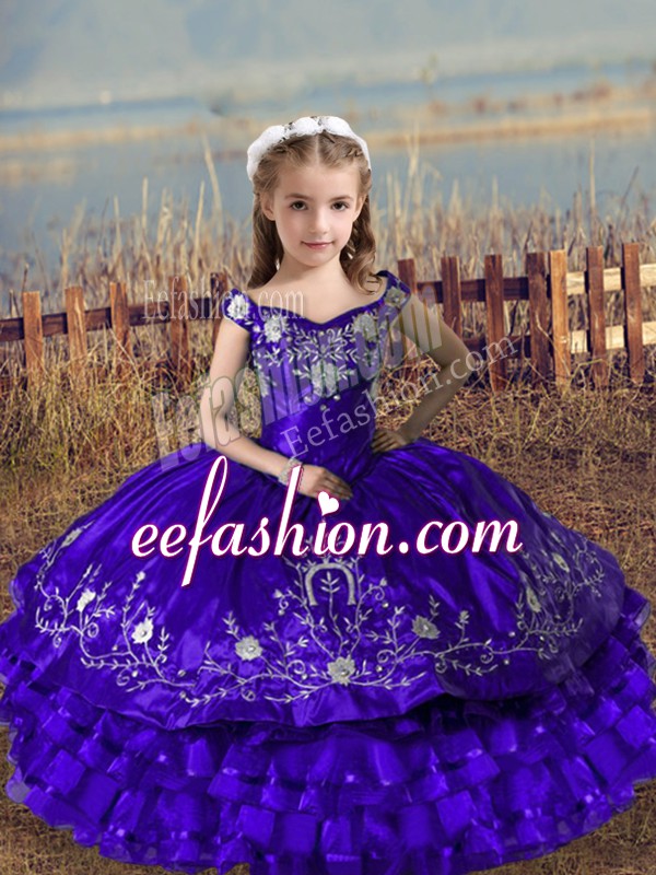 Custom Fit Purple Ball Gowns Satin and Organza Off The Shoulder Sleeveless Embroidery and Ruffled Layers Floor Length Lace Up Child Pageant Dress