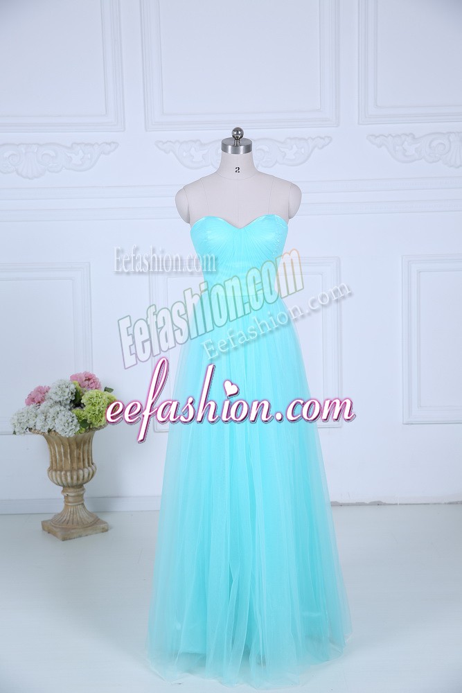 Flirting Aqua Blue Sleeveless Floor Length Ruching Zipper Bridesmaid Gown