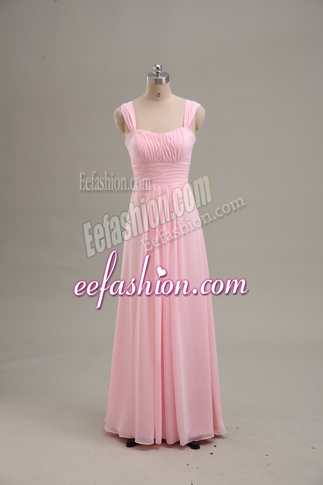  Floor Length A-line Sleeveless Baby Pink Prom Evening Gown Zipper
