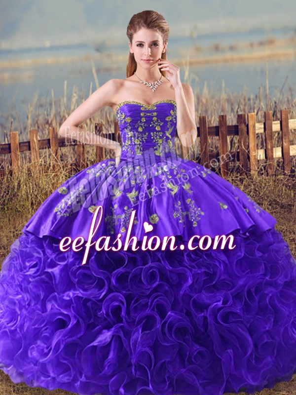  Sleeveless Fabric With Rolling Flowers Brush Train Lace Up Quince Ball Gowns in Purple with Embroidery and Ruffles