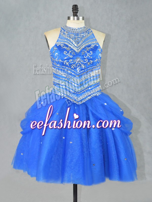 Blue Lace Up Halter Top Beading Dress for Prom Tulle Sleeveless