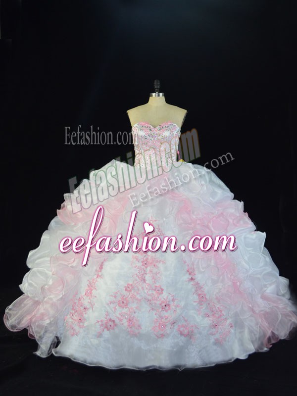 Eye-catching Pink And White Sleeveless Floor Length Beading and Pick Ups Lace Up Sweet 16 Quinceanera Dress