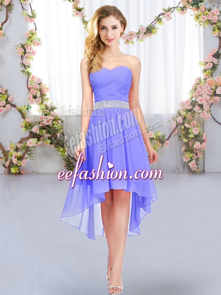  Sleeveless High Low Belt Lace Up Bridesmaids Dress with Lavender