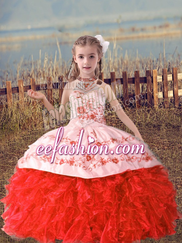 Customized Coral Red Organza Lace Up Halter Top Sleeveless Floor Length Little Girls Pageant Dress Beading and Embroidery and Ruffles
