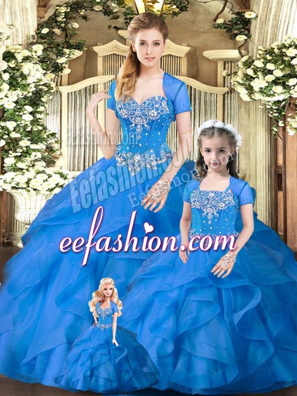  Blue Lace Up Sweetheart Beading and Ruffles Quinceanera Dress Tulle Sleeveless