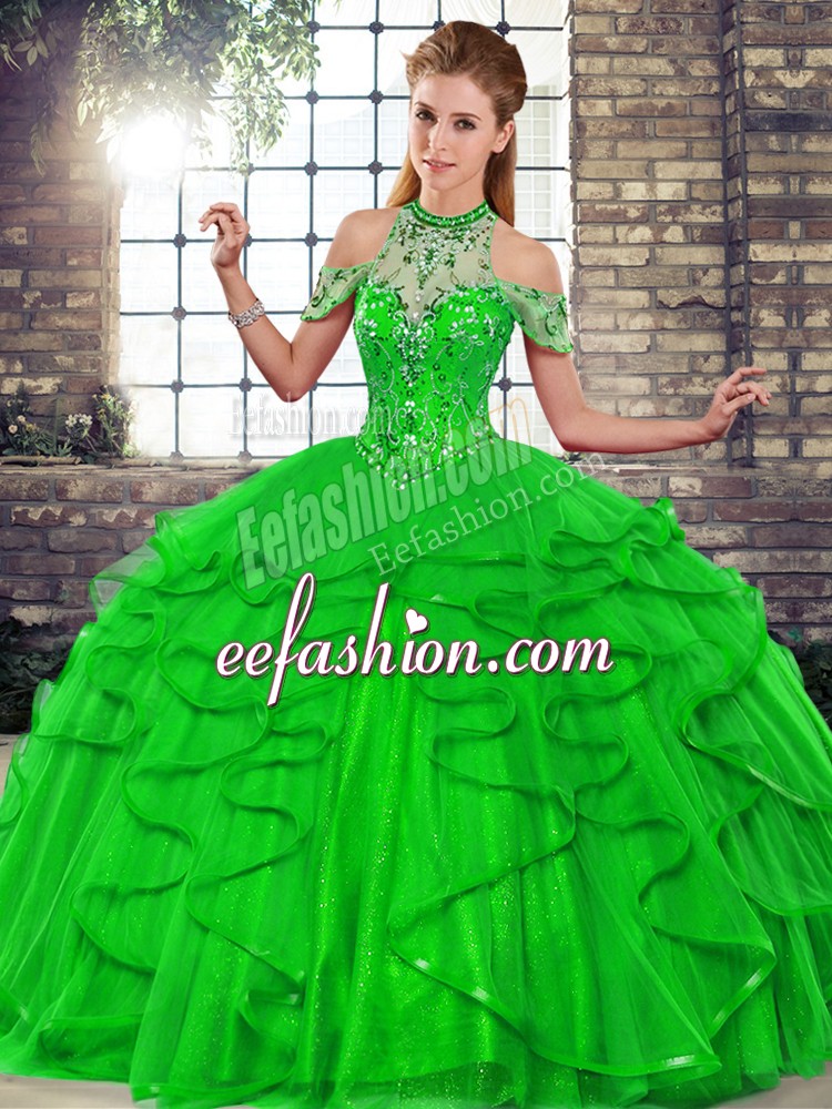 Free and Easy Green Lace Up Halter Top Beading and Ruffles Quinceanera Gowns Tulle Sleeveless