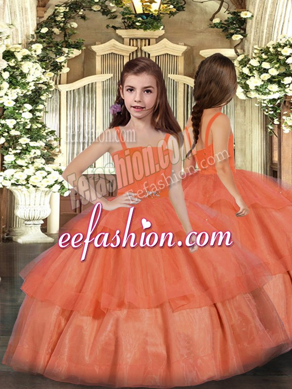  Orange Red Kids Pageant Dress Party and Sweet 16 and Wedding Party with Ruffled Layers Straps Sleeveless Lace Up