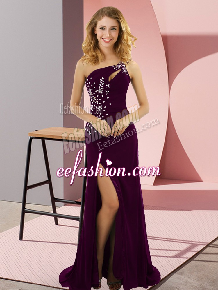 Sumptuous Dark Purple Elastic Woven Satin Lace Up One Shoulder Sleeveless Prom Dress Sweep Train Beading