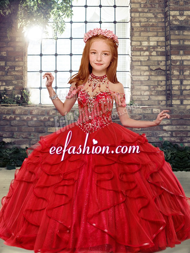 Perfect Sleeveless Floor Length Beading Lace Up Girls Pageant Dresses with Red