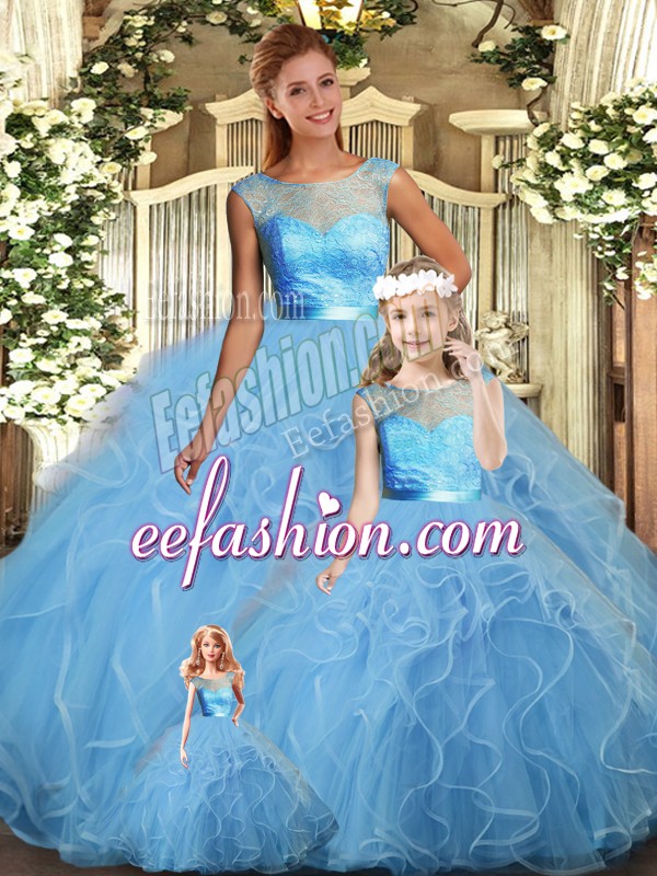 Dazzling Floor Length Baby Blue Vestidos de Quinceanera Tulle Sleeveless Lace and Ruffles