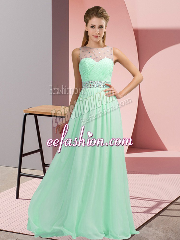  Apple Green Empire Beading Dress for Prom Backless Chiffon Sleeveless Floor Length