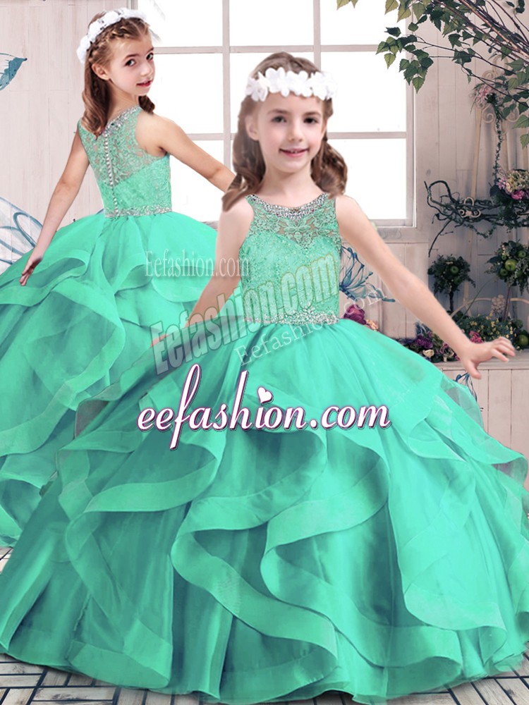  Aqua Blue Ball Gowns Tulle Scoop Sleeveless Beading and Ruffles Floor Length Lace Up Little Girls Pageant Gowns