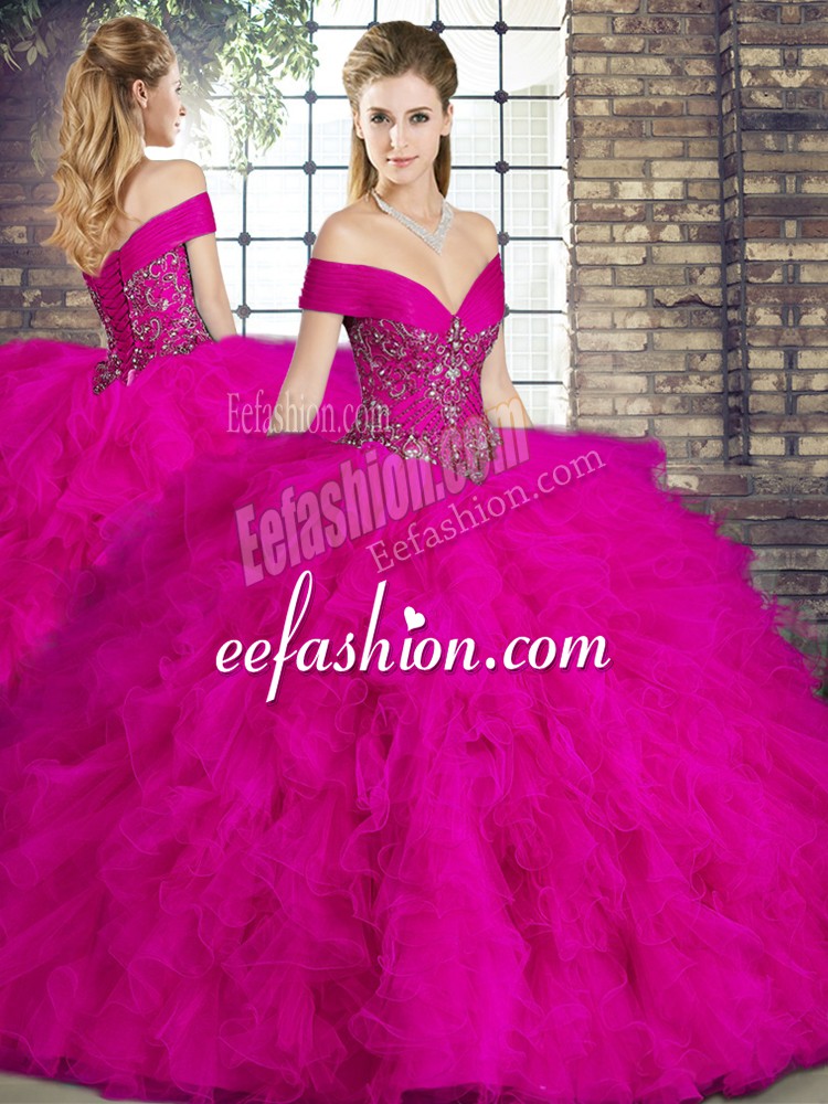 Fuchsia Quince Ball Gowns Military Ball and Sweet 16 and Quinceanera with Beading and Ruffles Off The Shoulder Sleeveless Lace Up