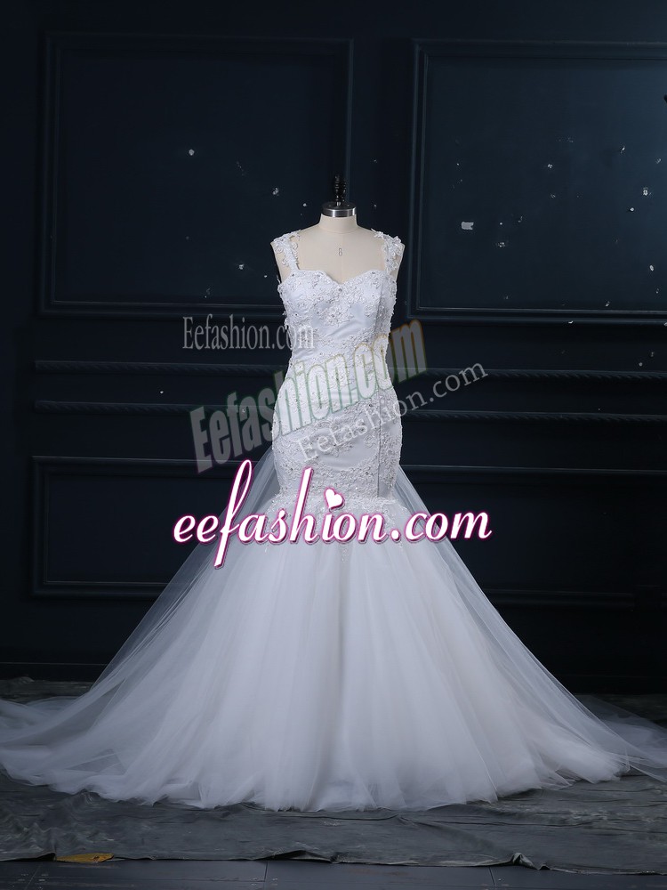 Pretty White Wedding Gowns Wedding Party with Lace Straps Sleeveless Brush Train Side Zipper