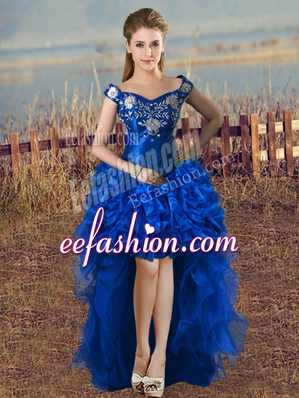 Cheap Sleeveless Lace Up High Low Embroidery and Ruffles Prom Gown