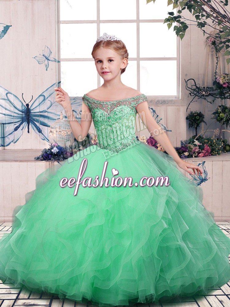  Apple Green Off The Shoulder Lace Up Beading and Ruffles Custom Made Pageant Dress Sleeveless