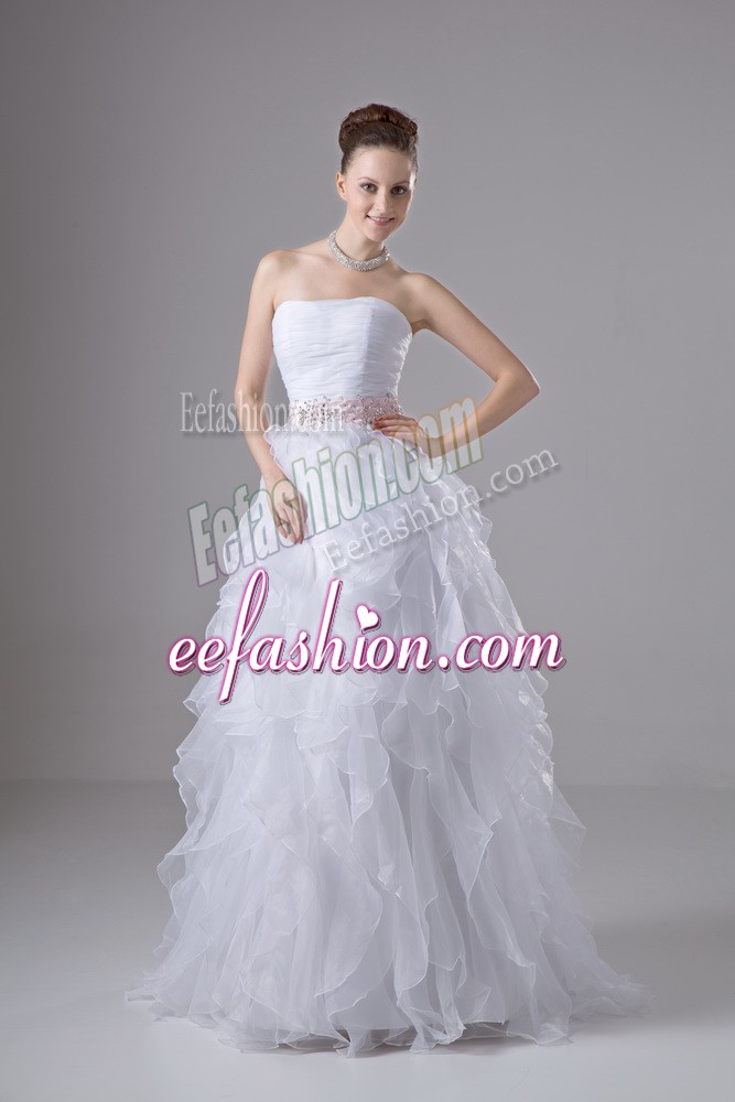 Attractive Floor Length White Wedding Dresses Organza Sleeveless Beading and Ruffles