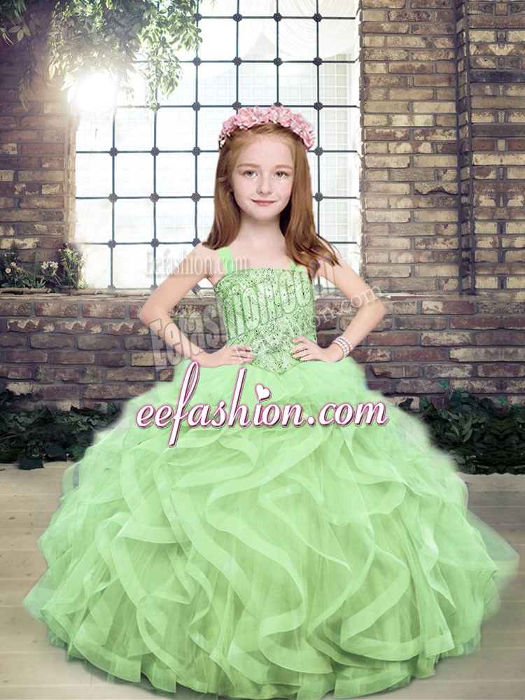  Beading and Ruffles Little Girls Pageant Dress Wholesale Yellow Green Lace Up Sleeveless Floor Length