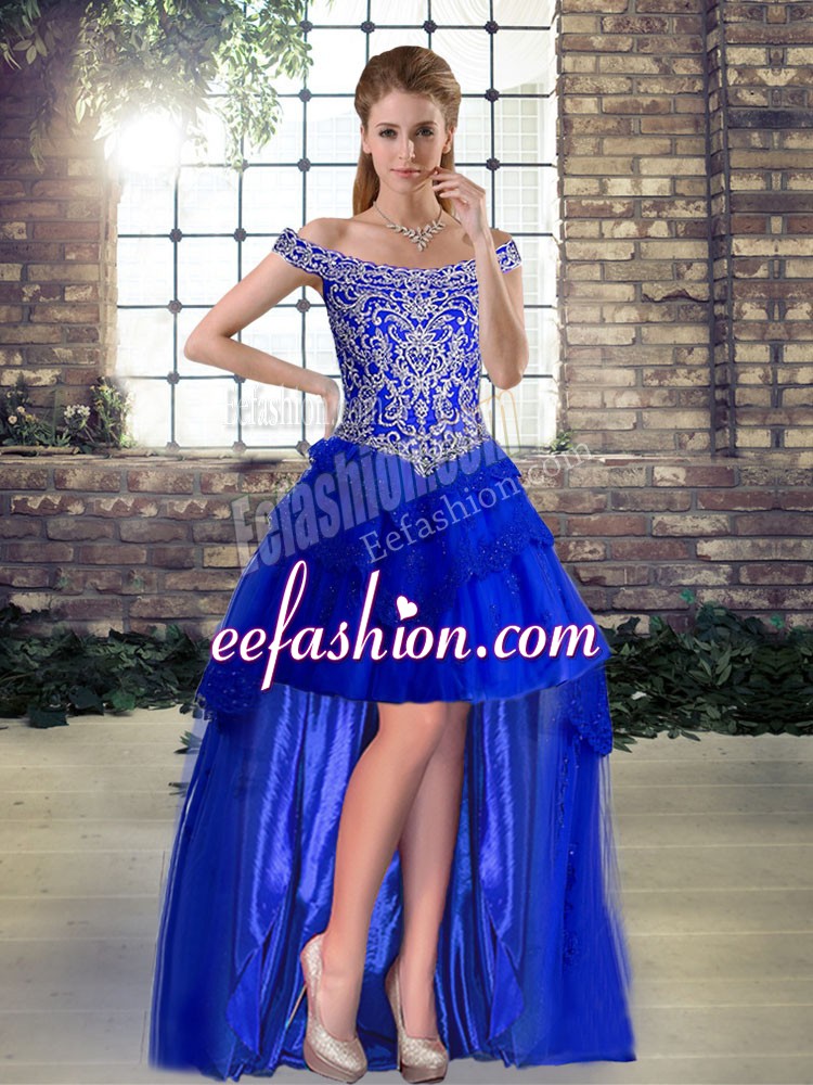  Royal Blue Sleeveless Tulle Lace Up Evening Dress for Prom and Party