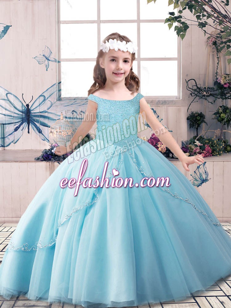  Blue Off The Shoulder Lace Up Beading Kids Pageant Dress Sleeveless