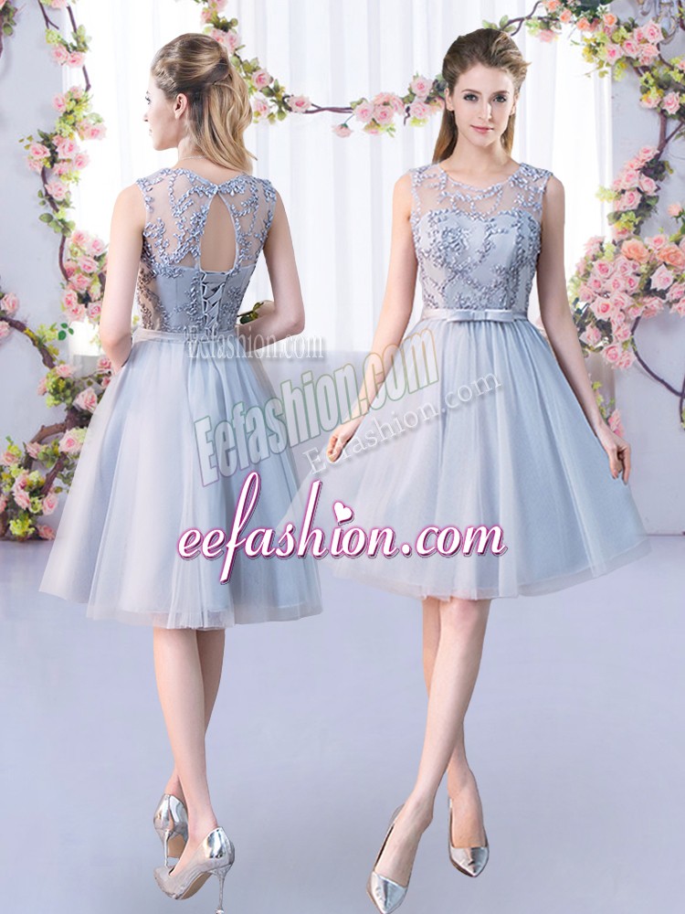  Tulle Scoop Sleeveless Lace Up Lace and Belt Court Dresses for Sweet 16 in Grey