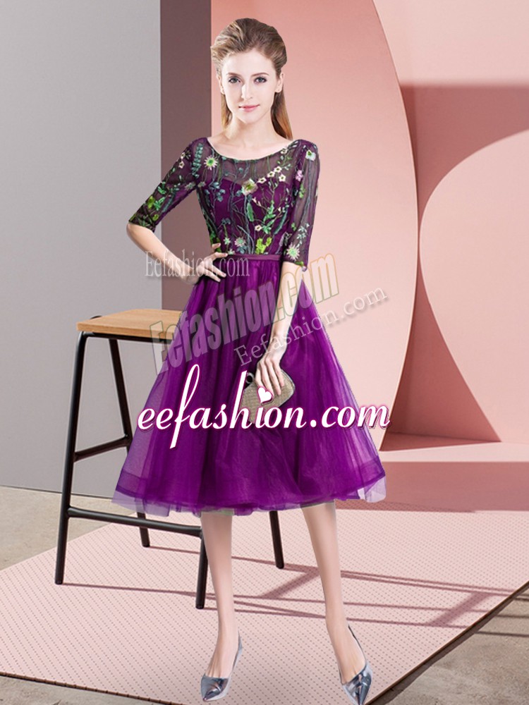  Purple Scoop Lace Up Embroidery Quinceanera Court of Honor Dress Half Sleeves