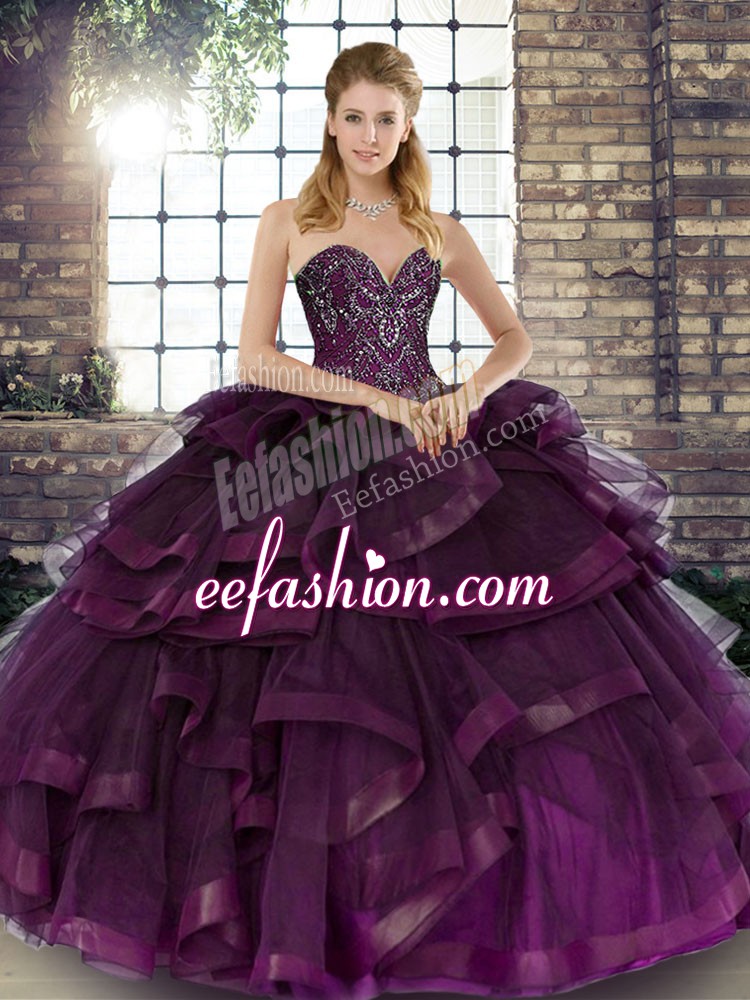  Dark Purple Ball Gowns Beading and Ruffles Quinceanera Dress Lace Up Tulle Sleeveless Floor Length