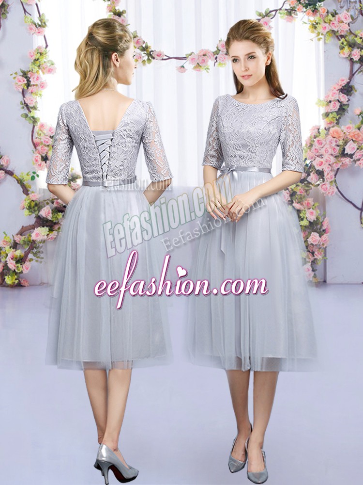  Grey Empire Lace and Belt Wedding Party Dress Lace Up Tulle Half Sleeves Tea Length