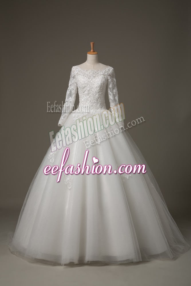 Pretty Scoop 3 4 Length Sleeve Tulle Bridal Gown Beading and Lace Brush Train Lace Up