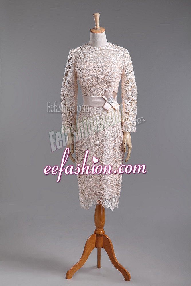  Lace High-neck Long Sleeves Zipper Lace and Belt Prom Party Dress in Champagne